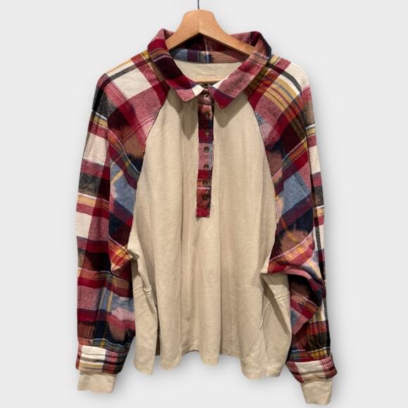 FREE PEOPLE Isabelle Plaid Trim Thermal Henley In Mink Combo Size Large - Picture 5 of 12